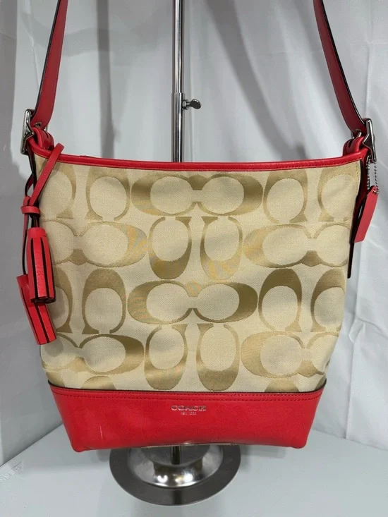 Coach Signature Canvas Red Leather Trim Large Shoulder Bag Hobo Tassel - Picture 2 of 16